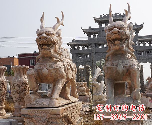湖南晚霞红瑞兽麒麟石雕 (2)