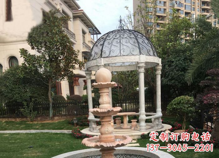 湖南晚霞红三层风水球喷泉小区石雕