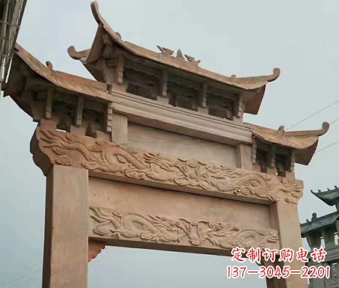 湖南晚霞红石雕单门牌坊