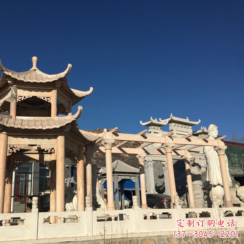 湖南晚霞红石雕凉亭花架