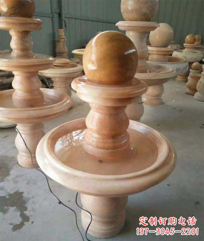 湖南晚霞红双层风水球别墅喷泉石雕