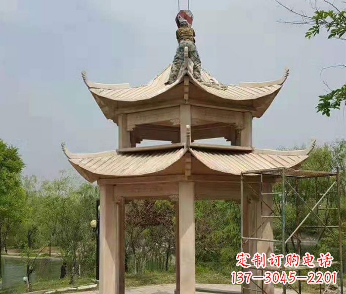 湖南晚霞红双层凉亭石雕 (2)