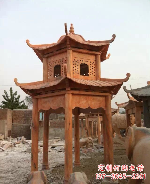 湖南晚霞红双层凉亭石雕