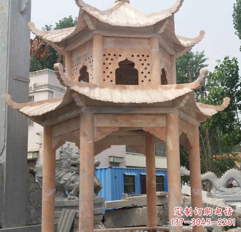 湖南晚霞红双层六角凉亭石雕 (2)