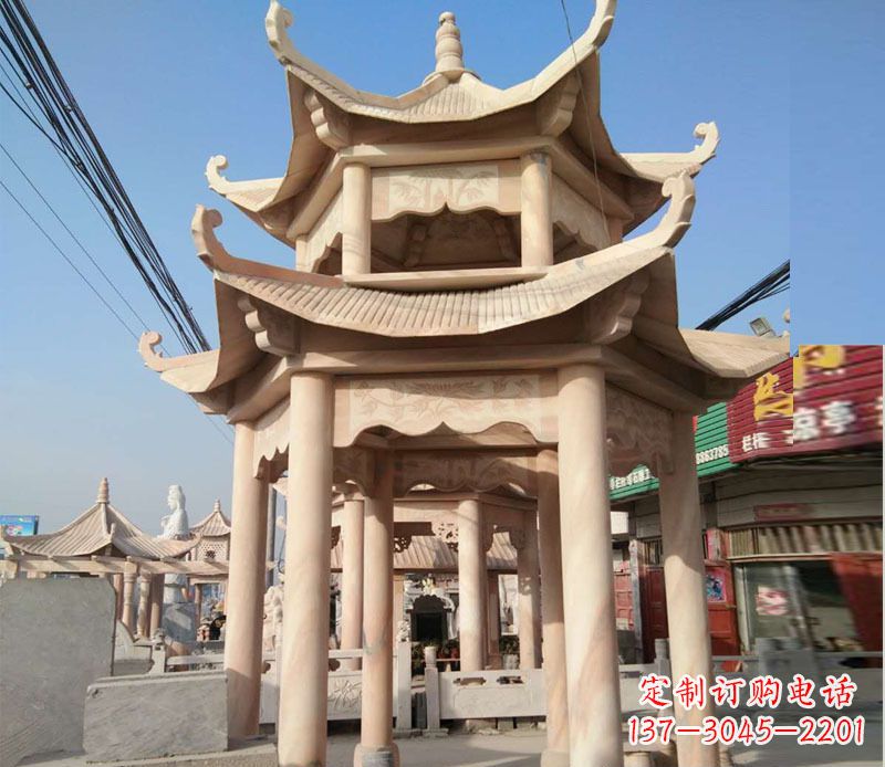 湖南晚霞红双层六角凉亭石雕 (3)