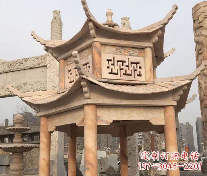 湖南晚霞红双层石雕凉亭