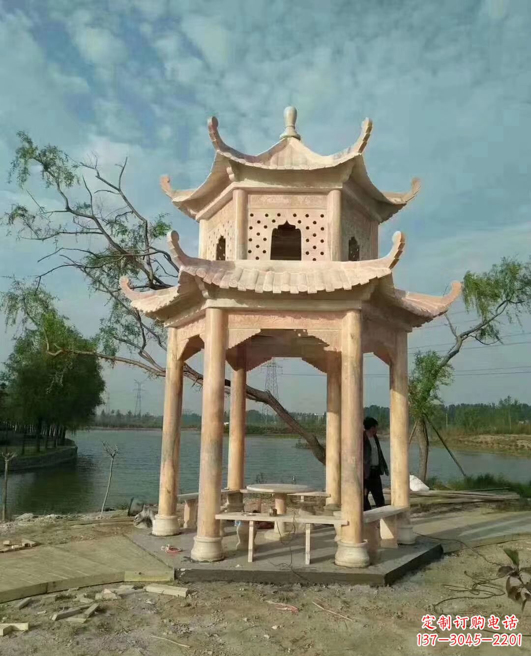 湖南晚霞红双层石凉亭 (2)