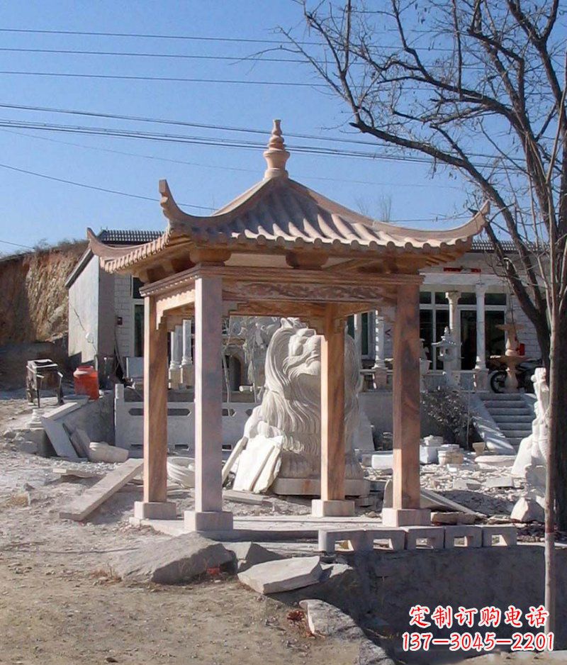 湖南晚霞红四角凉亭景观石雕