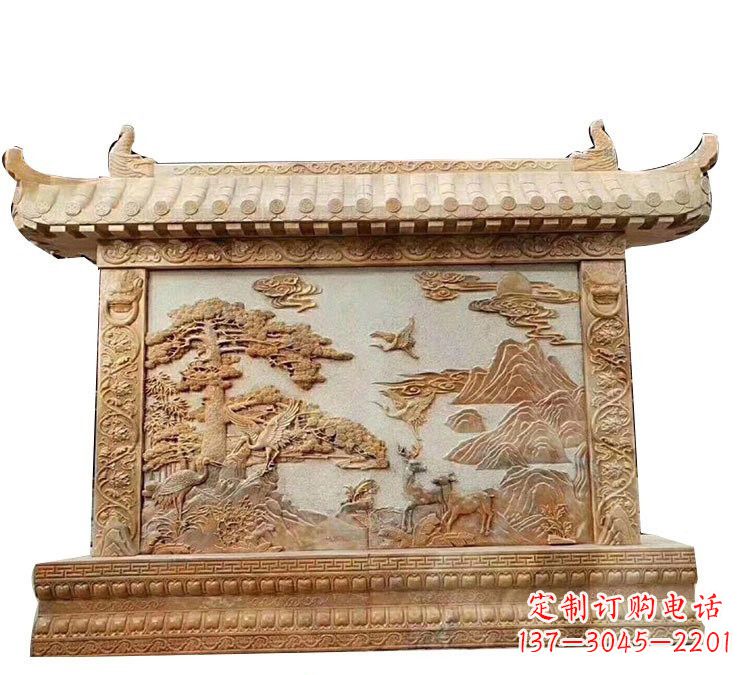 湖南晚霞红松鹤延年浮雕影壁