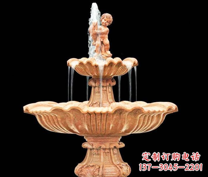湖南晚霞红小孩抱鱼石雕喷泉