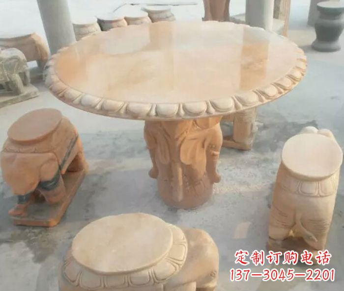 湖南晚霞红小象桌凳别墅石雕 (2)