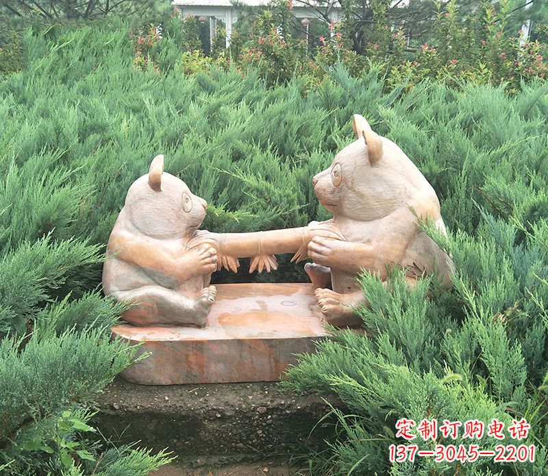 湖南晚霞红熊猫母子石雕