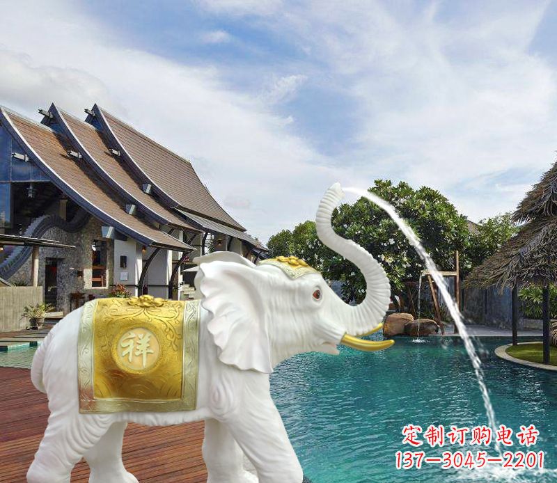 湖南祥瑞汉白玉喷泉喷水大象