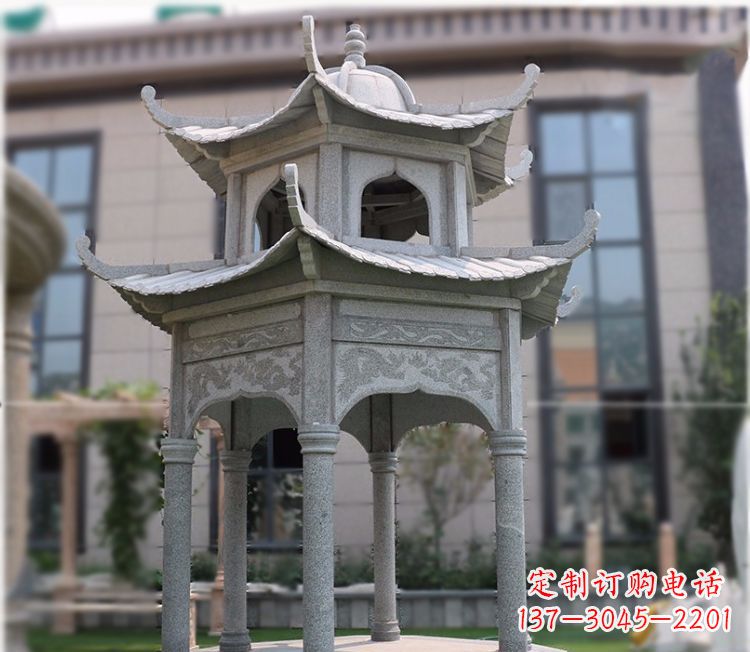 湖南小区大理石六角石雕双层凉亭
