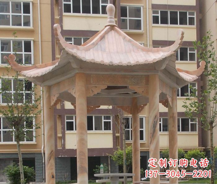 湖南小区晚霞红六角凉亭石雕