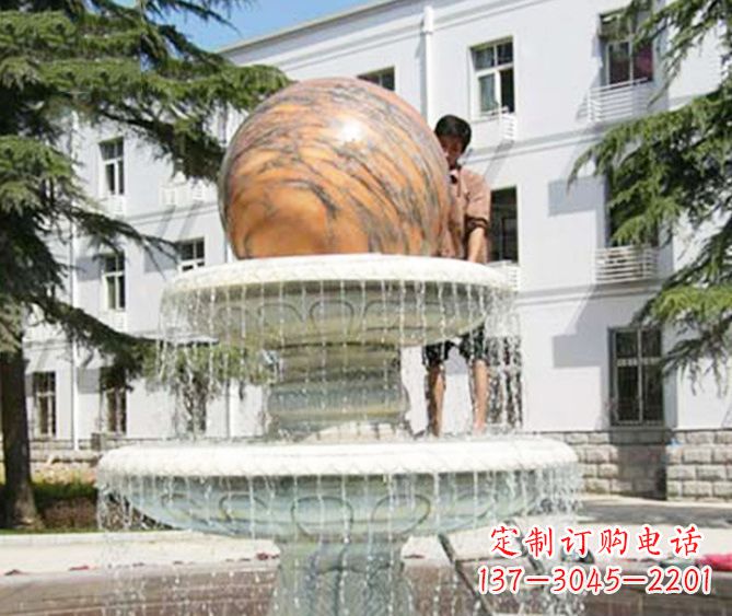 湖南园林景观晚霞红风水球喷泉石雕 (2)