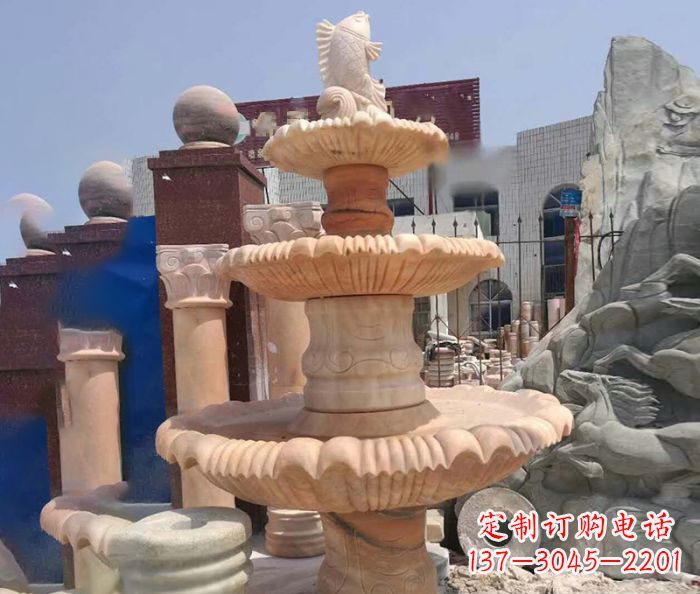 湖南园林景观晚霞红鲤鱼喷泉石雕