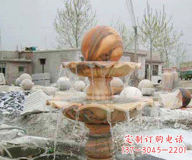 湖南园林景观晚霞红风水球喷泉石雕