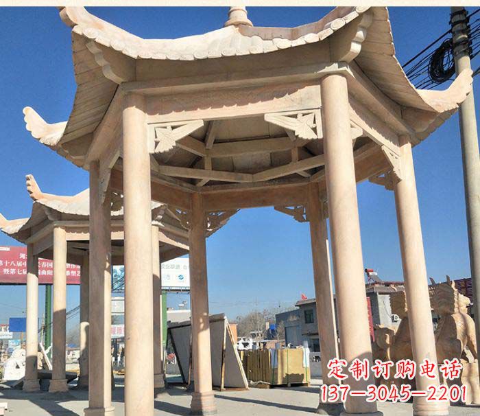 湖南园林景观晚霞红六角石雕凉亭 (2)