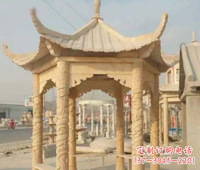湖南园林景观晚霞红六角石雕凉亭 (3)