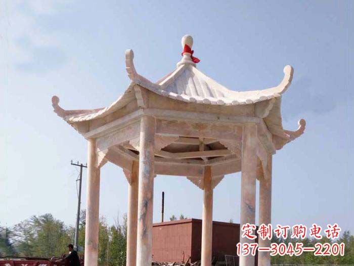 湖南园林景观晚霞红六角石雕凉亭