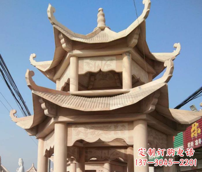 湖南园林景观晚霞红双层石雕凉亭 (2)