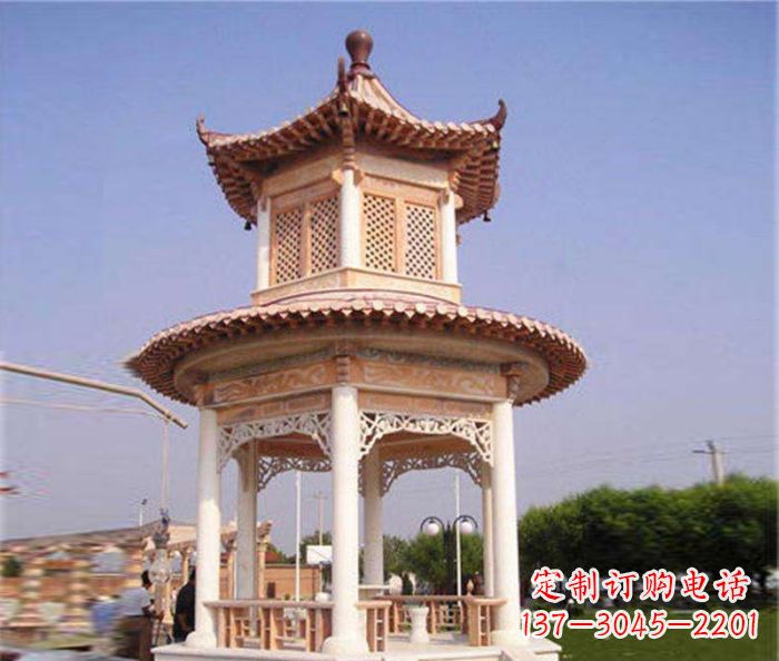 湖南园林景观晚霞红双层石雕凉亭 (4)