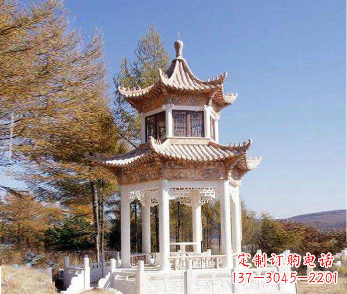 湖南园林景观晚霞红双层石雕凉亭 (3)