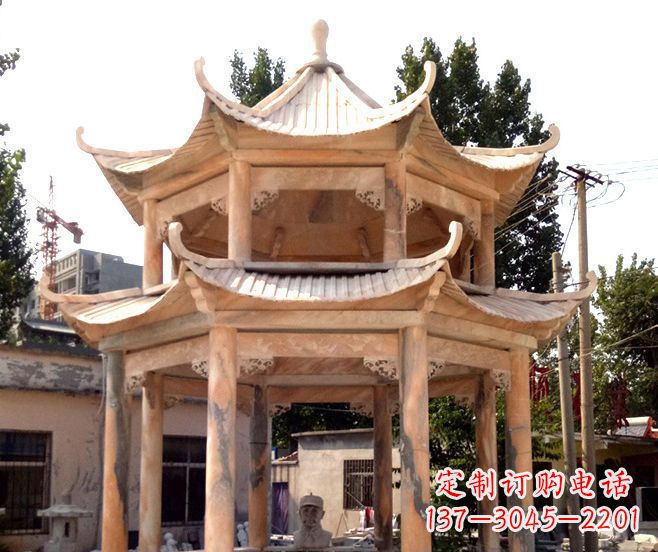 湖南园林景观晚霞红双层石雕凉亭