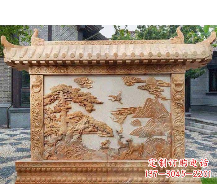 湖南园林景观晚霞红松鹤石浮雕影壁