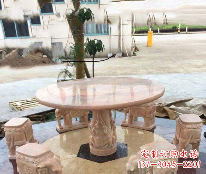 湖南园林景观晚霞红小象桌凳石雕