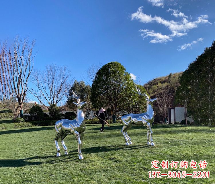 湖南园林镜面不锈钢梅花鹿雕塑