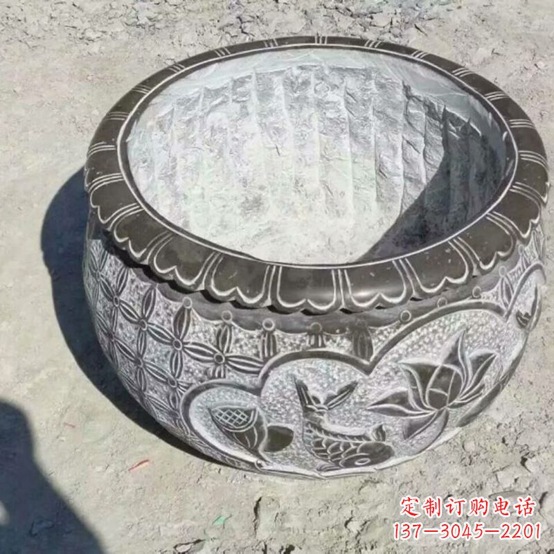 湖南园林莲花鱼纹石雕水缸