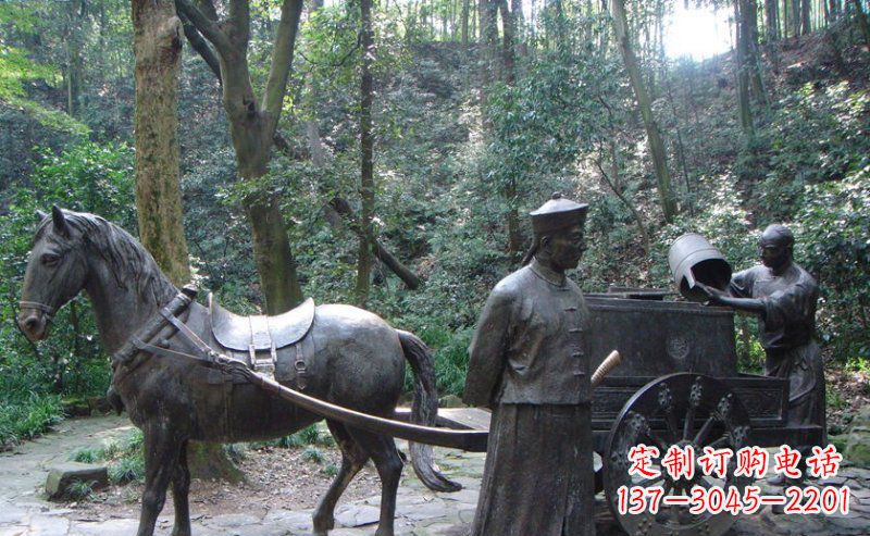 湖南园林清朝士兵和马车小品铜雕