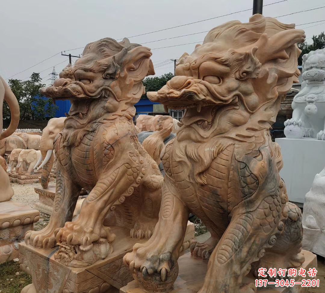 湖南园林晚霞红古代招财神兽麒麟石雕