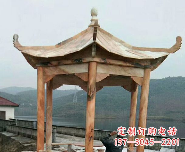 湖南园林晚霞红单层石凉亭景观石雕