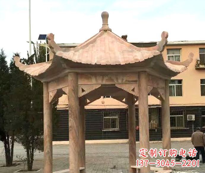 湖南园林晚霞红六角石雕凉亭