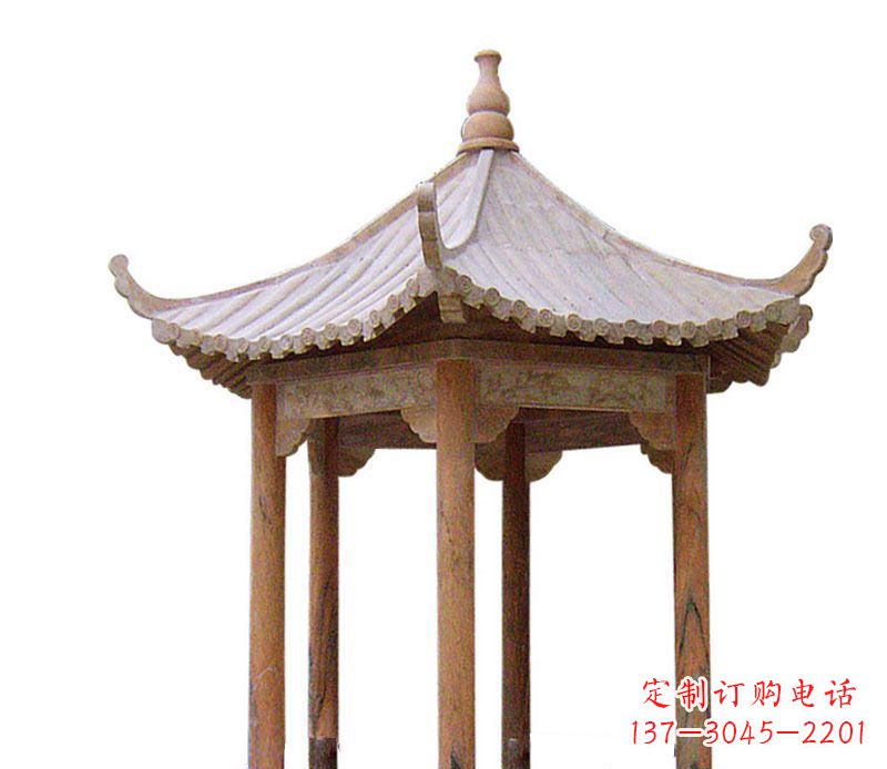 湖南园林晚霞红六角石凉亭景观石雕 (2)