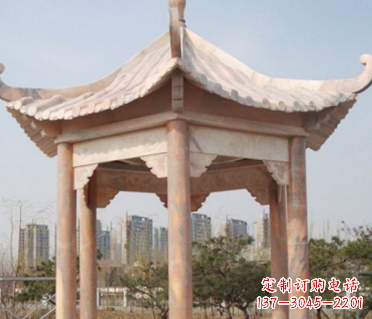 湖南园林晚霞红六角石凉亭景观石雕