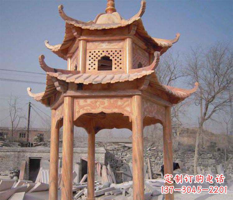 湖南园林晚霞红石凉亭景观石雕