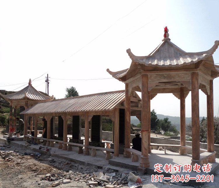 湖南园林晚霞红长廊凉亭景观石雕