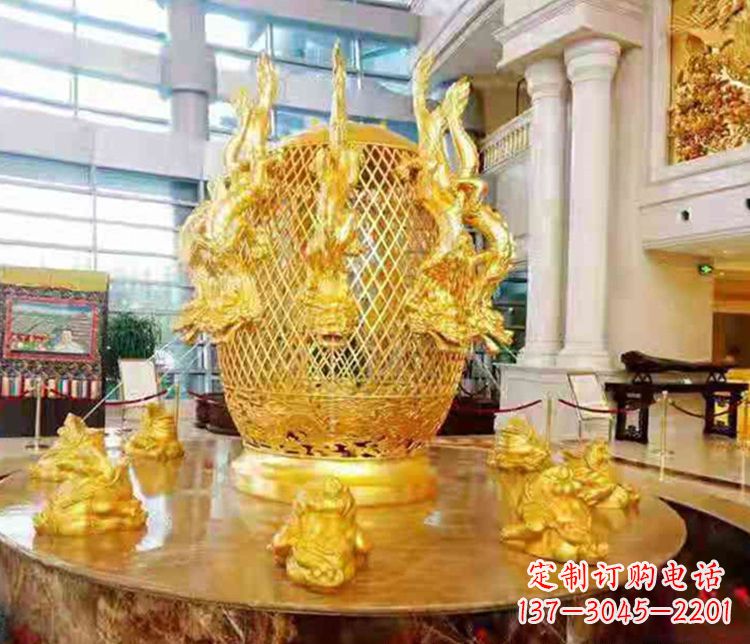 湖南张衡地动仪企业景观雕塑摆件纯铜鎏金古仪器