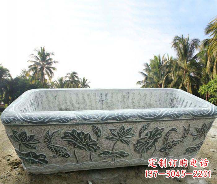 湖南长方形连年有余荷花浮雕石水缸