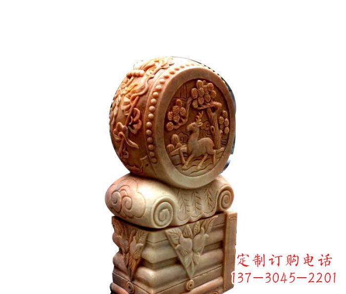 湖南招财石门墩晚霞红抱鼓石