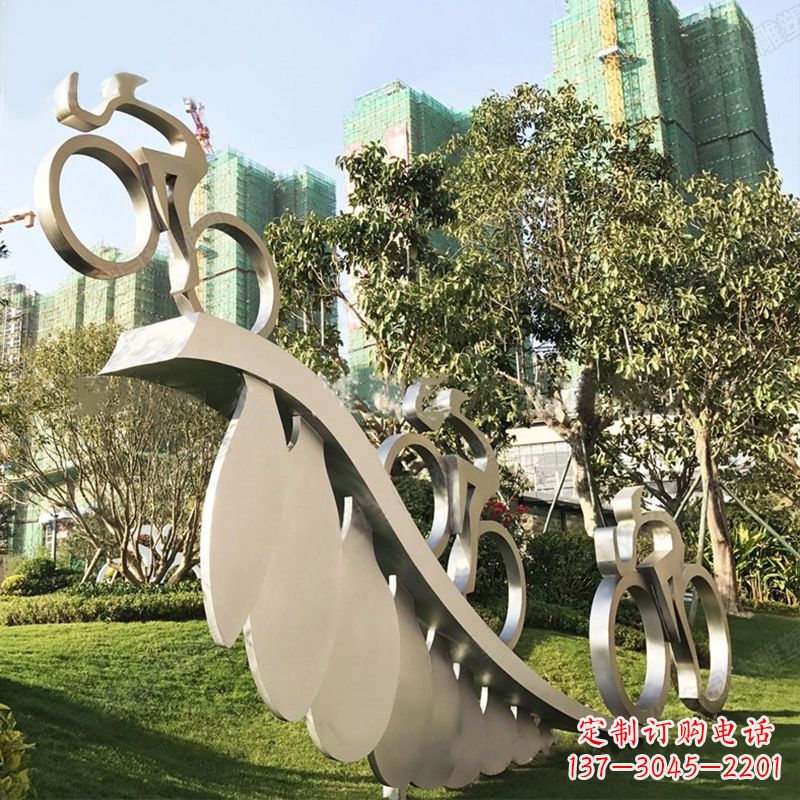湖南自行车雕塑-抽象不锈钢骑自行车人物景观雕塑